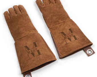 Gants de barbecue en cuir personnalisés - Set de 2 - Gravure au laser avec nom personnalisé - En daim, cuir de buffle, doublure en flanelle