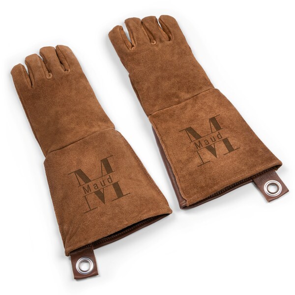 Guantes de barbacoa de cuero personalizados - Juego de 2 - Grabado con láser con su propio nombre - Ante con inserto de cuero de búfalo y forro de franela