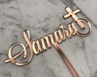 CUSTOM Name Cross Cake Topper - Personalised Mirror Baptism / Christening / Communion Cake Decoration - rose gold / gold / silver/ wood