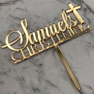 MANY COLOURS - CUSTOM Name Christening Cake Topper - Personalised Mirror Christening Cake Decoration - rose gold / gold / silver etc