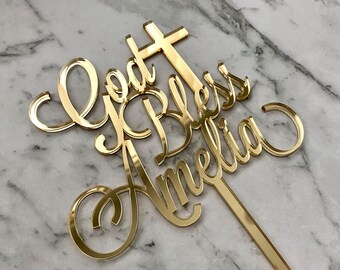 CUSTOM Name GOD BLESS Cake Topper - Personalised Mirror Baptism / Christening / Communion Cake Decoration - rose gold / gold / silver/ wood