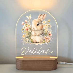 Personalised Night Light baby gift - Custom Name Nursery Night Light - Cute Flower Bunny