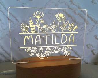 Personalised Gift For Kids - Custom Baby Gift Night Light - Nursery Décor Lamp - Childs Name Sign Boho Wildflower Boarder Large