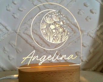 Personalised Gift For Kids - Custom Baby Gift Night Light - Nursery Décor Lamp - Childs Name Sign Boho Wildflower Moon