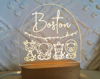 Personalised Gift For Kids - Custom Baby Gift Night Light - Nursery Décor Lamp - Childs Name Sign Baby Safari Animals