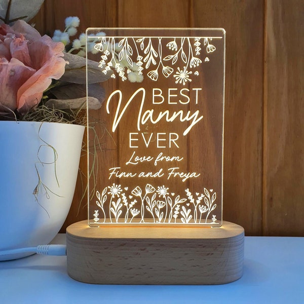 Personalised Mother's Day Gift Plaque Light - Grandmother Nanny Oma Nanny Granny Nana - Best Nanny Ever Flower Boarder