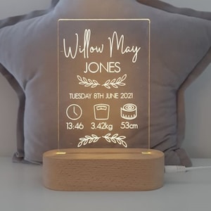 Personalised Name Children's Night Light - Newborn Baby Birth Details - Custom New Baby Gift - Baby Girl or Boy Birth Announcement Stats