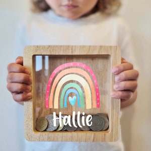 Hucha infantil con nombre personalizado - Hucha decorativa para guardería - Regalo personalizado para bebé Arcoíris