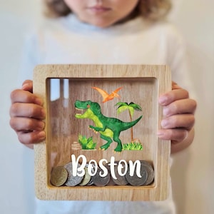 Hucha infantil con nombre personalizado - Hucha decorativa para guardería - Regalo personalizado para bebé Dinosaurio