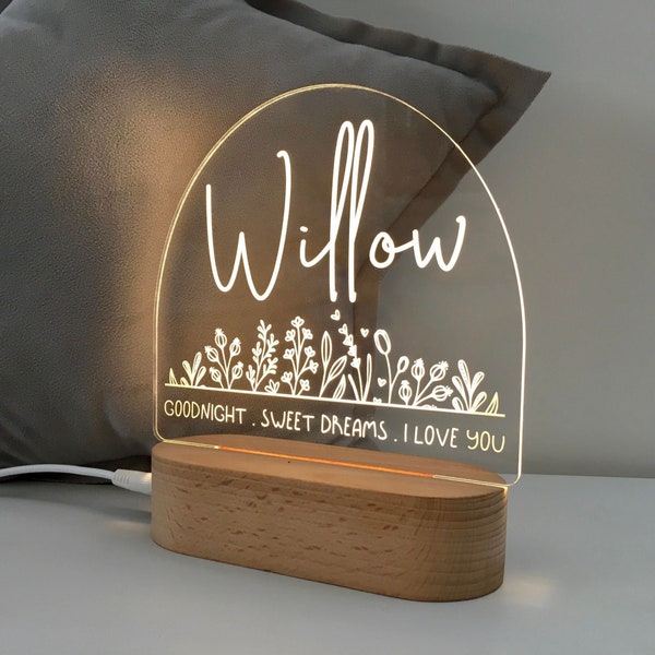 Personalised Baptism Gift For Baby - Custom Christening Night Light for goddaughter / Godson - Nursery Décor - Boho Wildflower Goodnight