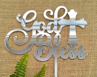 God Bless Cake Topper - Silver Religious Cake Topper - Christening / Baptism / Communion Cake Topper - Silver Cake Decoration