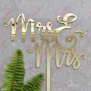Mrs & Mrs (deux lignes) décoration pour gâteau de mariage gay, lesbienne, acrylique, miroir doré