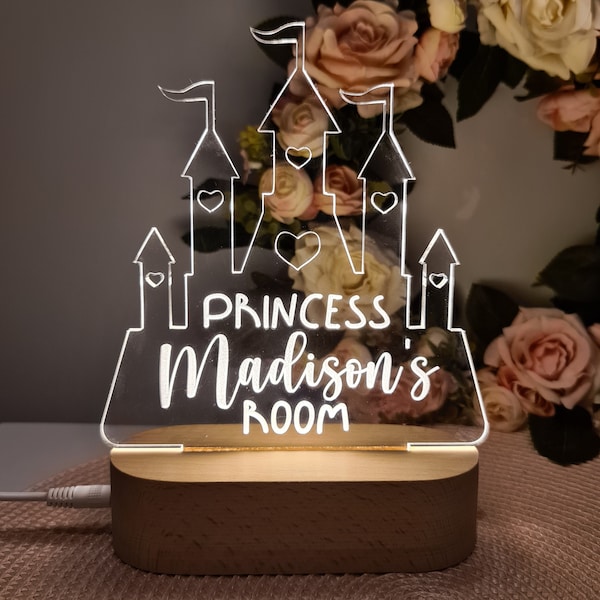 Personalised Name Children's Night Light Princess Castle - Nursery Lamp - Custom Baby Gift