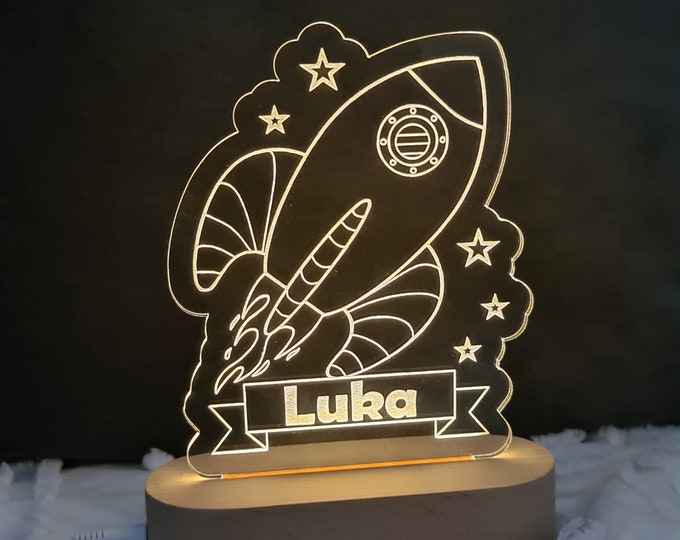 Personalised Space Rocket Children's Night Light - Nursery Lamp - Custom Baby Gift - NAME ROCKET SHAPE