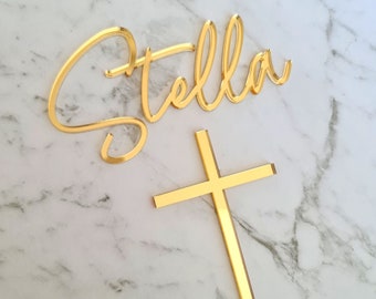 CUSTOM Religious Name Cake Topper plaque - Personalised Mirror Baptism, Christening, Holy Communion, Communion Cake Decoration