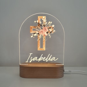 Baby Gift Baptism Gift Christening Gift- Custom Boy or Girl Name Keepsake Light - Religious Pink Cross