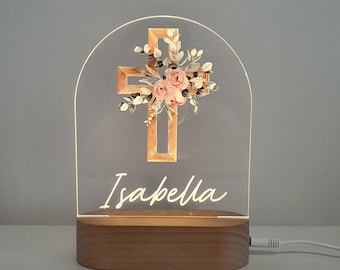 Baby Gift Baptism Gift Christening Gift- Custom Boy or Girl Name Keepsake Light - Religious Pink Cross