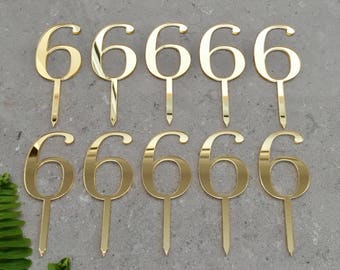 10 x Number 6 Acrylic Gold Mirror 6th Birthday Cupcake Toppers