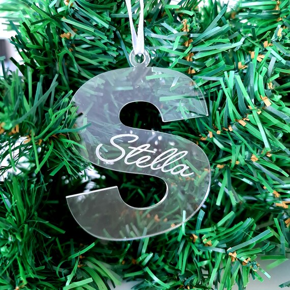 thumbnail image 2 of Personalised Wooden Christmas Tree Bauble – Letter Name Alphabet – Family Gift 2 of 4