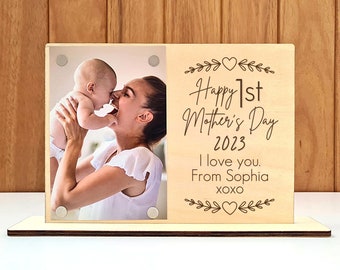 Personalised First Mother's Day Photo Frame - Mother's Day Wood Plaque Gift From Daughter - Gift for Mum - 1st Mother's Heart Leaf Boarder