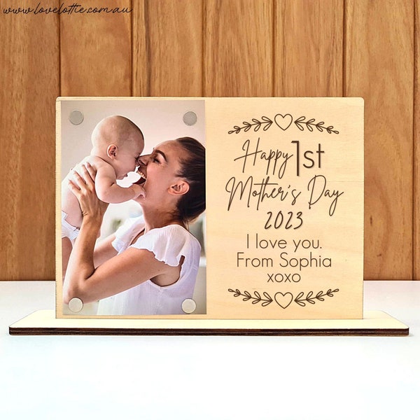Personalised First Mother's Day Photo Frame - Mother's Day Wood Plaque Gift From Daughter - Gift for Mum - 1st Mother's Heart Leaf Boarder