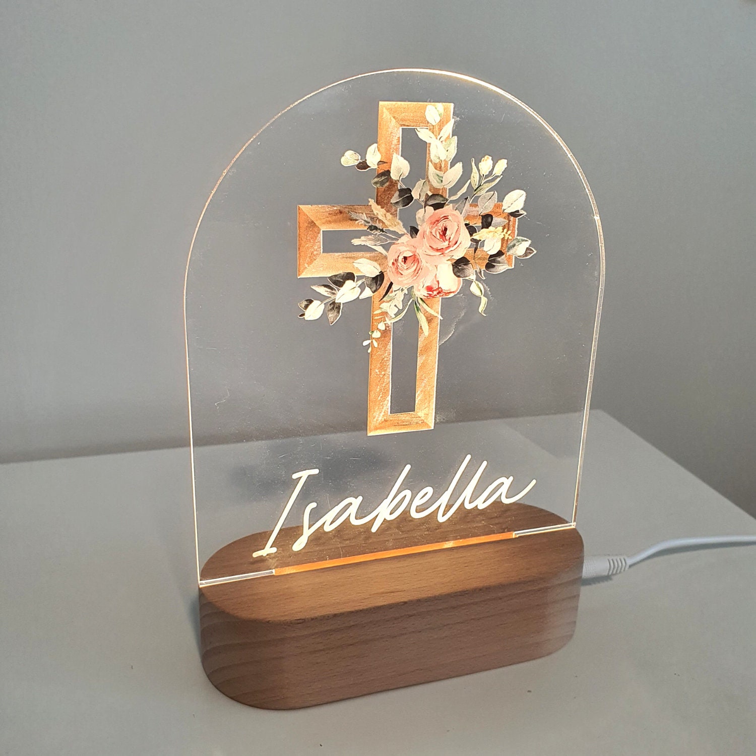 Baby Gift Baptism Gift Christening Gift- Custom Boy or Girl Name Keepsake Light - Religious Pink Cross