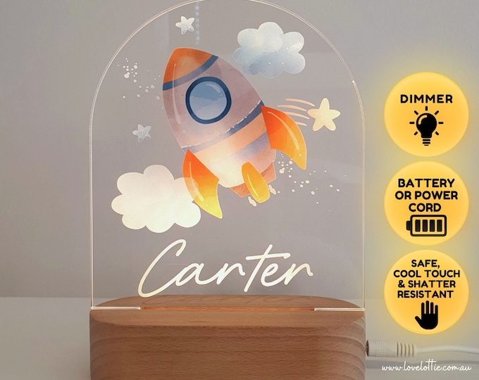 Personalised Night Light baby gift - Custom Name Nursery Night Light - Space Rocket