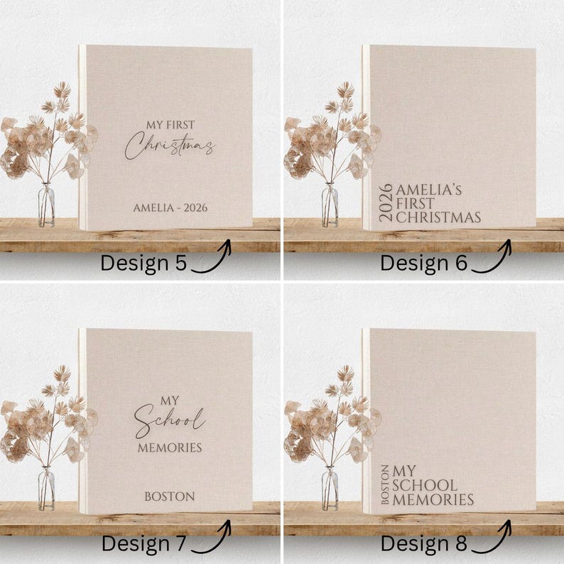 May include: Four square beige photo albums with linen-textured covers. Design 5 and 7 feature centered text, while 6 and 8 have left-aligned text. Each album is paired with a small glass vase containing dried foliage, labeled Design 5 through 8.
