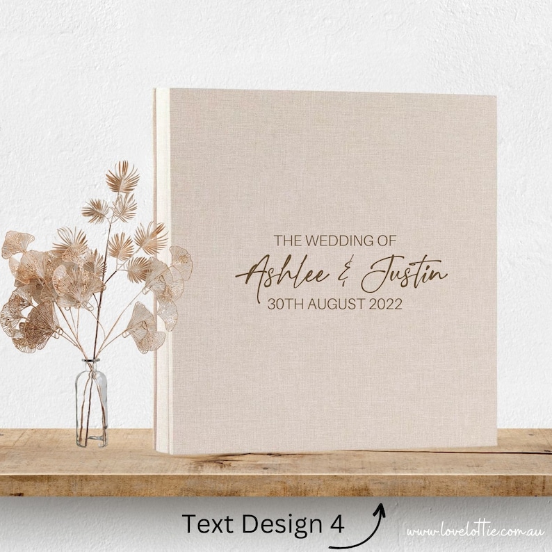 Álbum de fotos de boda de lino personalizado Regalo de aniversario de boda Nombres y fecha de compromiso de pareja Regalo para el marido Regalo para la esposa Text Design 4