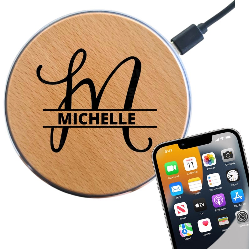 Mother's Day Gift Personalised Wireless Phone Charging Station Custom Name QI iPhone Samsung Docking Pad Personalised Wood Fast Charge image 1