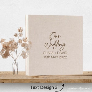Álbum de fotos de boda de lino personalizado Regalo de aniversario de boda Nombres y fecha de compromiso de pareja Regalo para el marido Regalo para la esposa Text Design 3