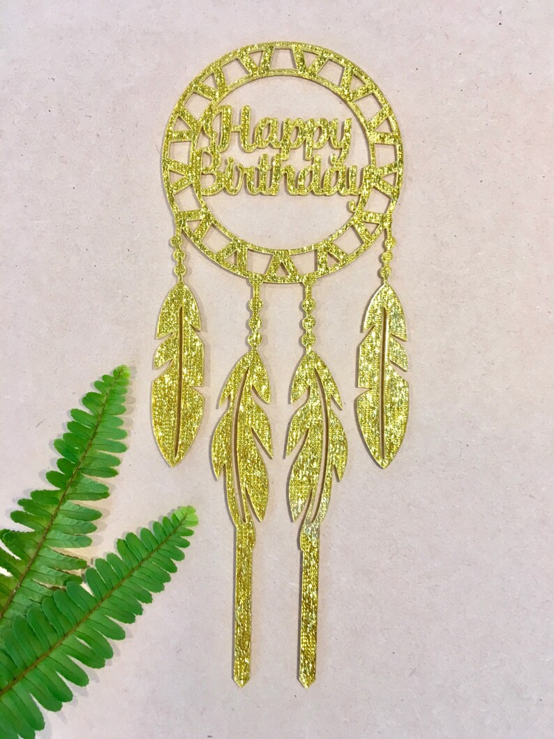 Happy Birthday Boho Dream Catcher Acrylic Gold Glitter Party Etsy