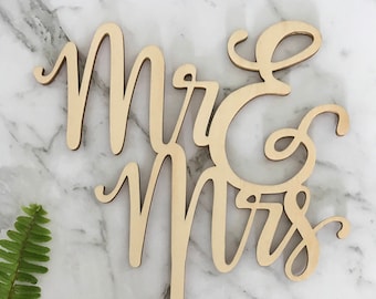 Mr & Mrs (two lines) Rustic Wood Wedding Cake Topper