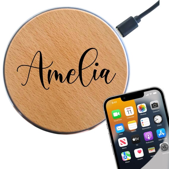 Personalised Wireless Phone Charging Station Custom Name QI iPhone  Samsung Docking Pad Personalised Wood Fast Charge Gift for Him or Her