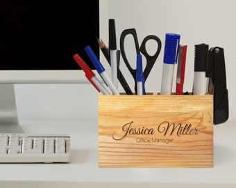 Logo Desk Pencil Organizer Caddy. Teacher Christmas Gift, Personalised with Name & Logo. Pen Brushes Scissors Glue stick holder for school