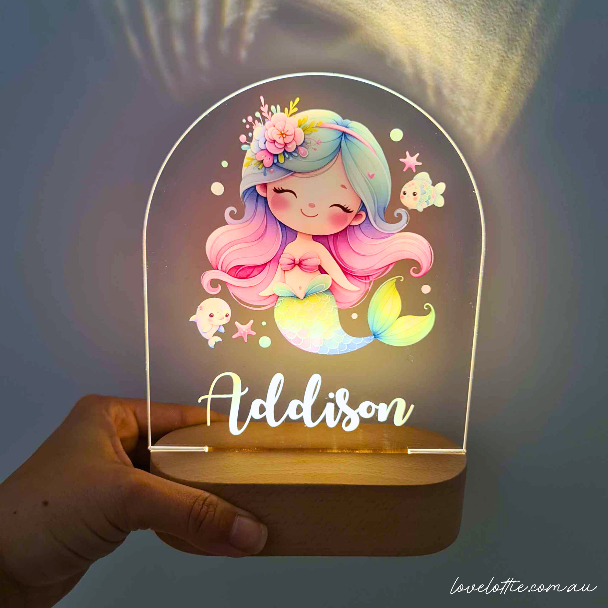 Personalised Night Light baby gift - Custom Name Nursery Night Light - Rainbow Mermaid