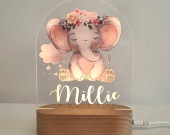 Personalised Night Light baby gift - Custom Name Nursery Night Light - Pink Baby Elephant Cloud