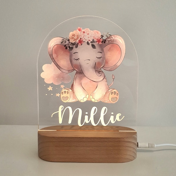 Personalised Night Light baby gift - Custom Name Nursery Night Light - Pink Baby Elephant Cloud