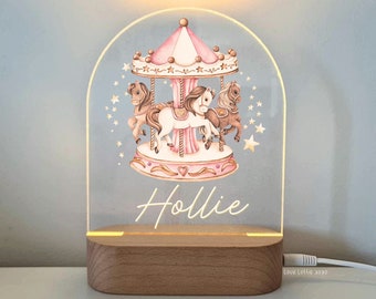 Personalised Night Light baby gift - Custom Name Nursery Night Light - 1st Birthday Gift- Pink Horse Carousel for Newborn