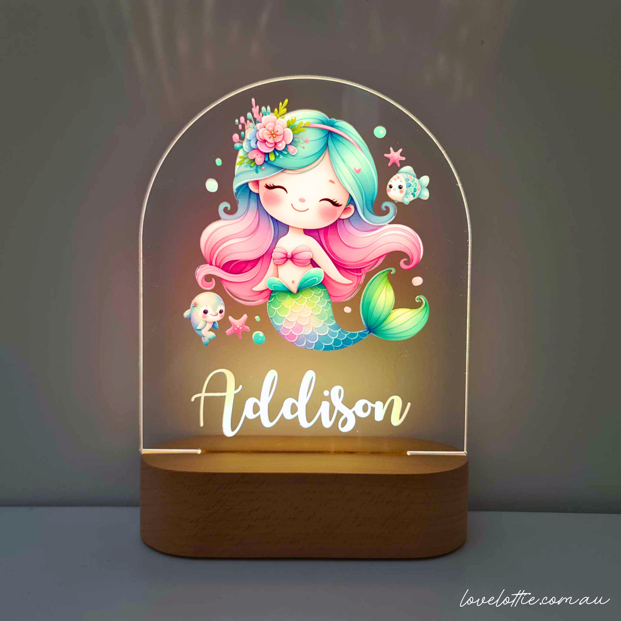 Personalised Night Light baby gift - Custom Name Nursery Night Light - Rainbow Mermaid