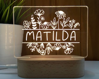 Personalised Kids Night Light Boho Wildflower - Nursery Lamp - Custom Baby Gift - Rectangle Flower Boarder