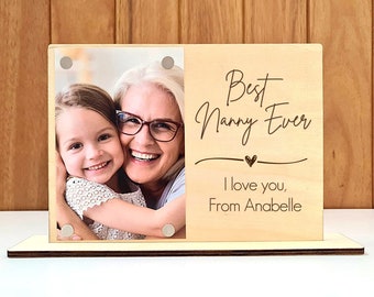 Personalised Mother's Day Photo Frame - Custom Wood Plaque Gift For for Grandma, Nanny, Nana etc - Best Nanny Ever Heart Leaf Boarder