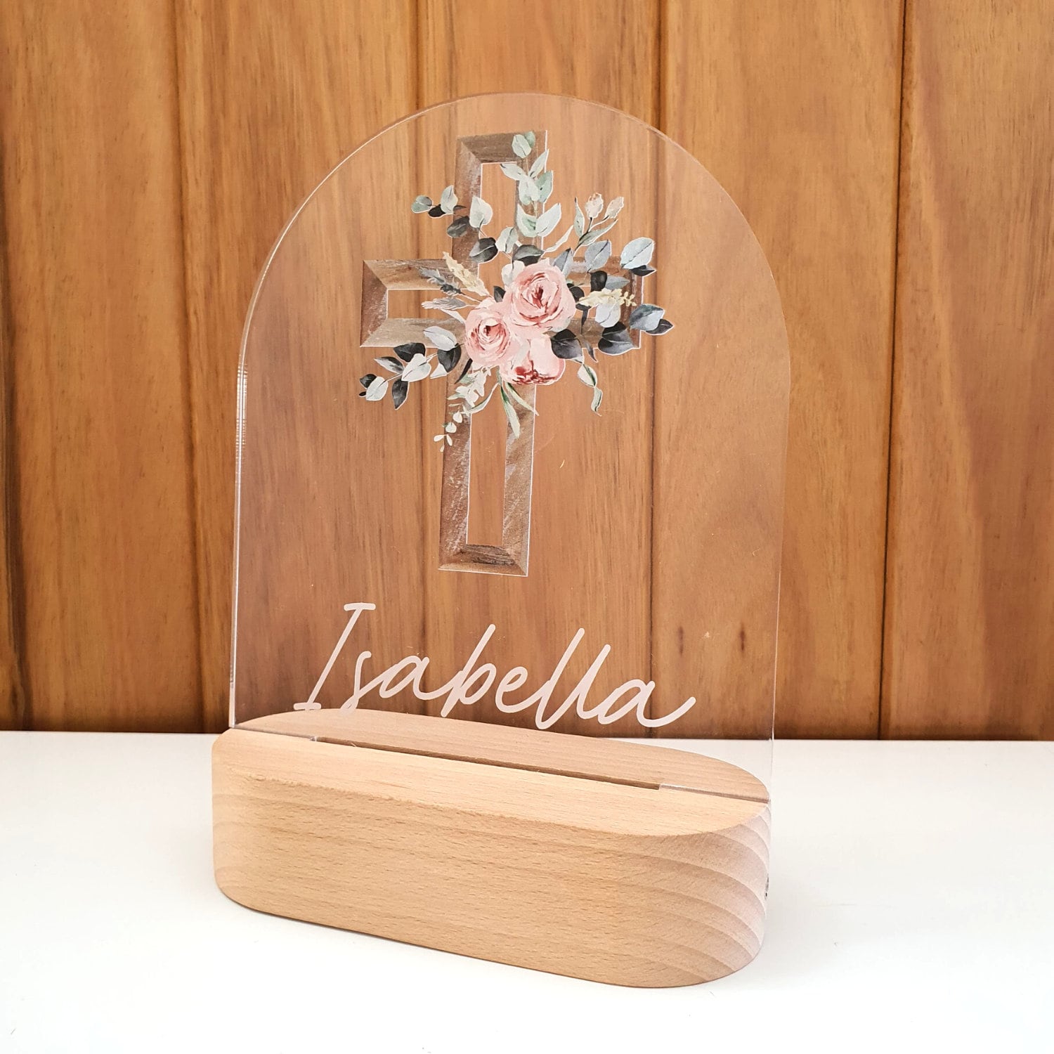 Baby Gift Baptism Gift Christening Gift- Custom Boy or Girl Name Keepsake Light - Religious Pink Cross