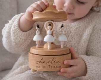 Baptism Christening Gift - First Birthday - Personalised Musical Carousel Wooden - Heirloom Music Box - Engraved Keepsake