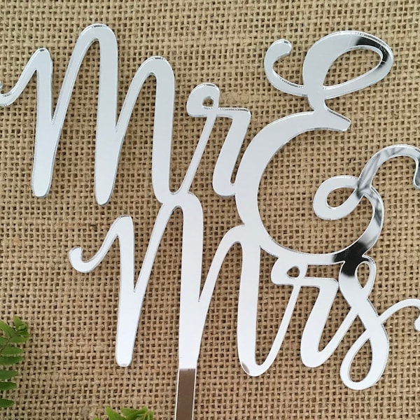 Mr & Mrs (two lines) Acrylic Silver Mirror Wedding Cake Topper