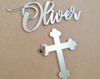 CUSTOM Name Cake Topper plaque - Personalised Mirror Baptism, Christening, Holy Communion, Communion Cake Decoration