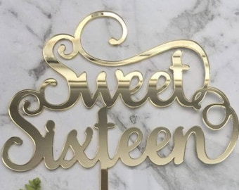 Sweet Sixteen Acrylic Gold Mirror 16th Birthday Cake Topper