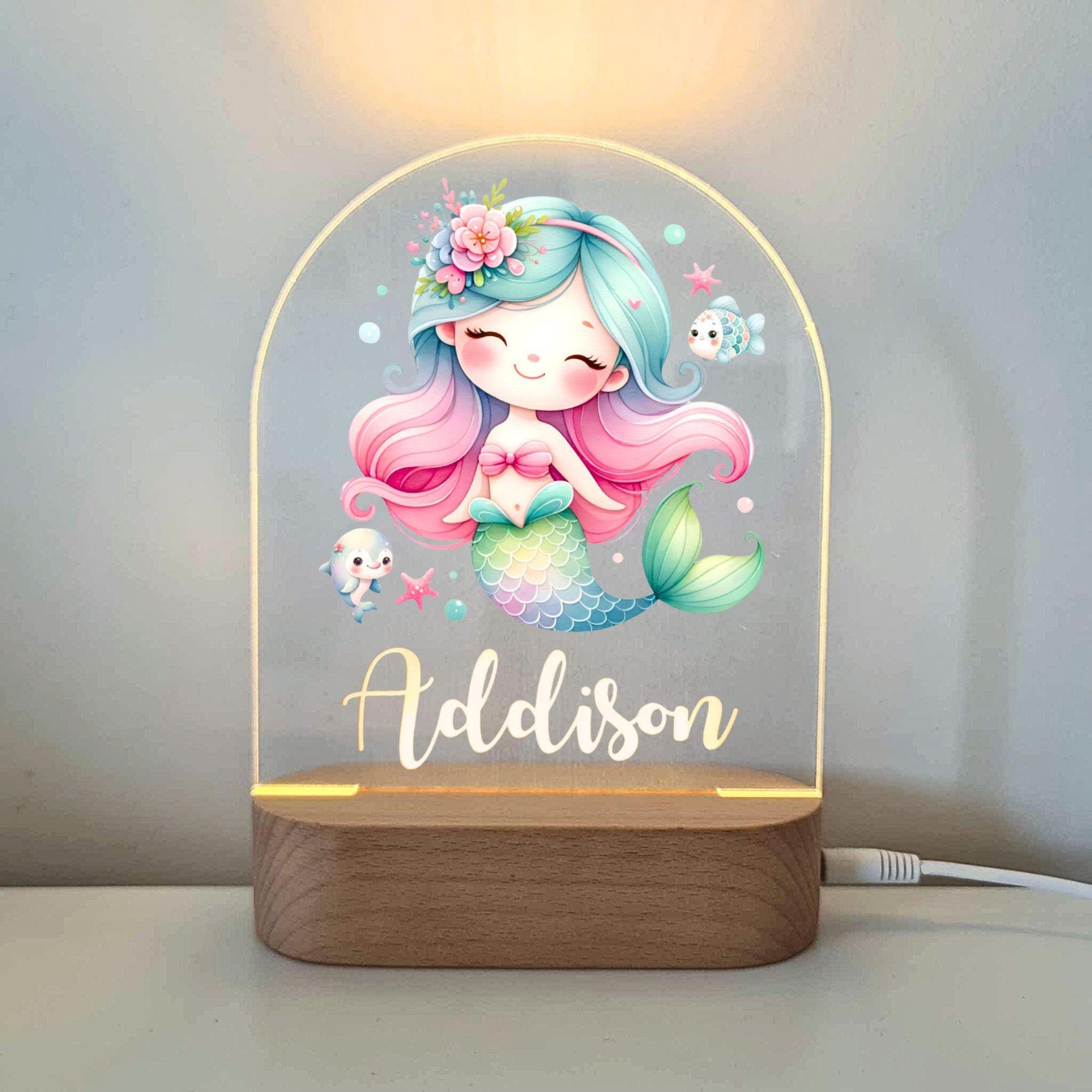 Personalised Night Light baby gift - Custom Name Nursery Night Light - Rainbow Mermaid