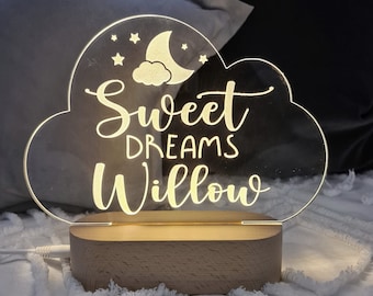 Personalised Name Children's Night Light Sweet Dreams Cloud - Nursery Lamp - Custom Baby Gift - sweet dreams name CLOUD SHAPE white light