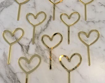10 x Heart Acrylic Gold Mirror Wedding, Engagement, Birthday Cupcake Toppers